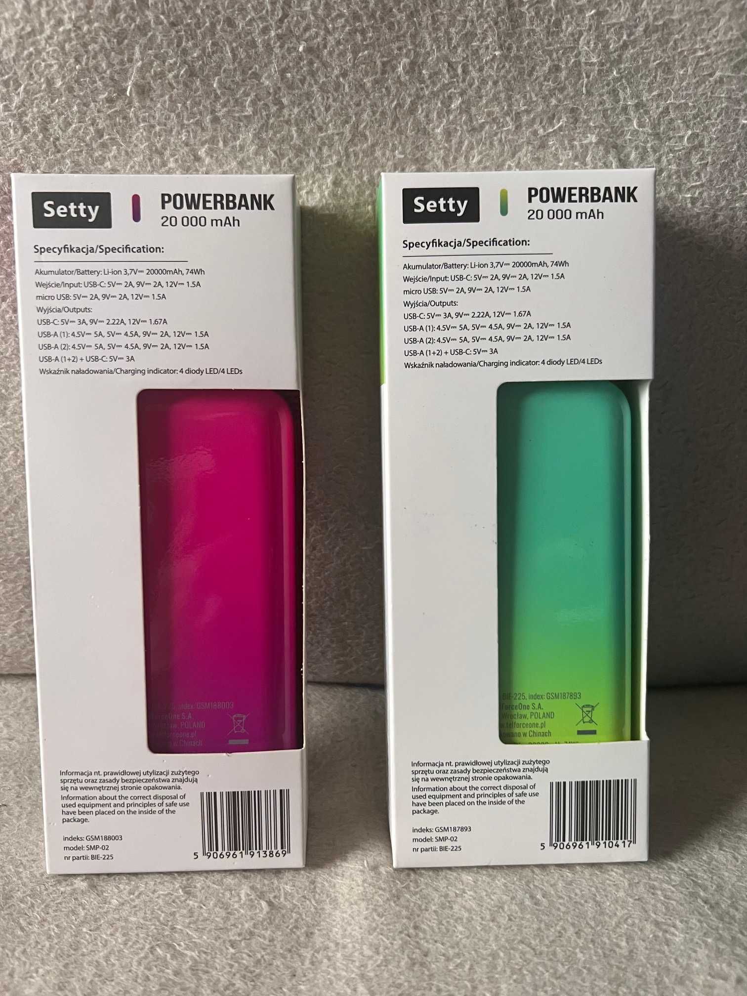 Powerbank Setty 20000 mAh 22,5W Fast charging szybkie ładowanie kolory