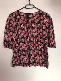 Czarna bluzka koszulka z krotkim rekawem w rozowe kwiaty roze L 40