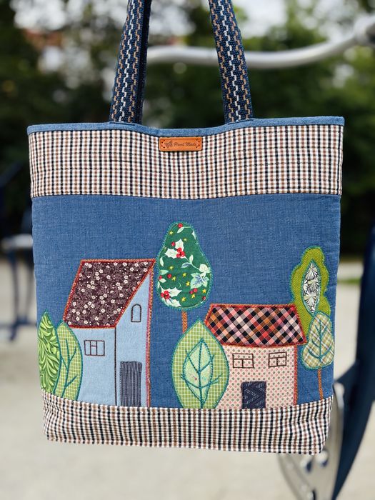 Torba handmade z dżinsu z motywem domków Unikalny shopper