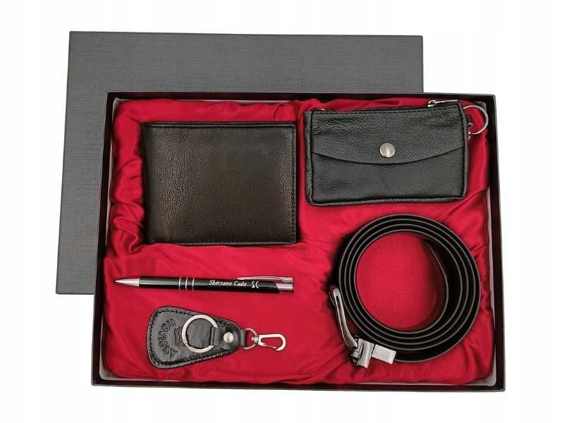 Zestaw prezentowy męski box portfel czarny pasek skóra jakość prezent
