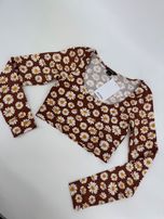 Monki crop top bluzka krótka z długim rękawem brązowa w stokrotki S