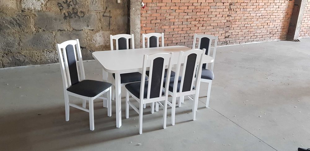 Nowe : STÓŁ 80x140/180 + 6 KRZESEŁ, BIAŁY + GRAFIT , dostawa PL