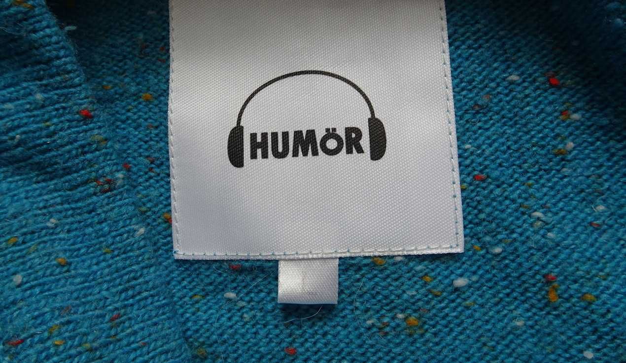 Piękny wełniany sweter kardigan turkusowy wełna jedwab Humor unikat