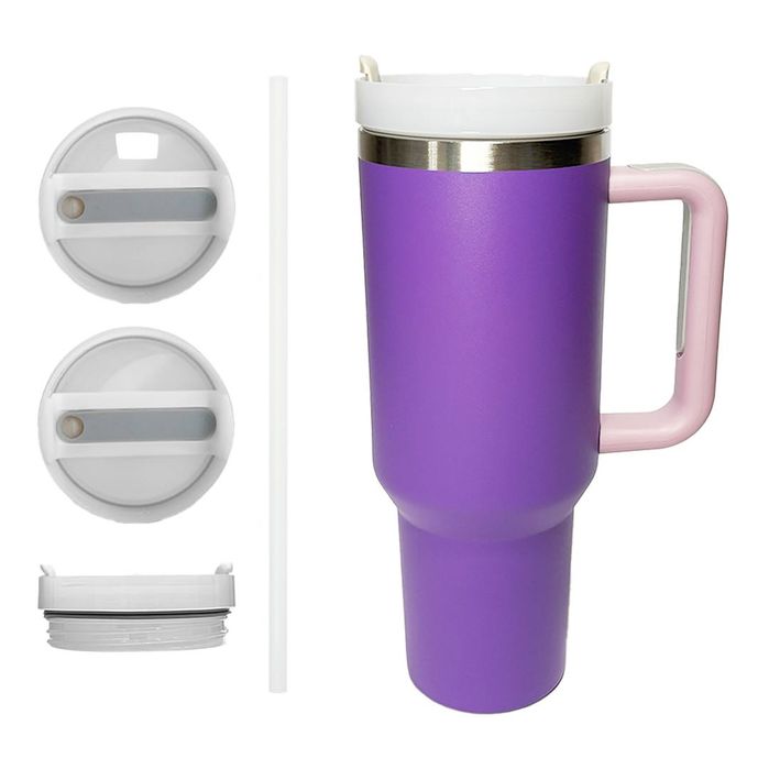 Fioletowy kubek termiczny z uchwytem i słomką - 1200ml duży