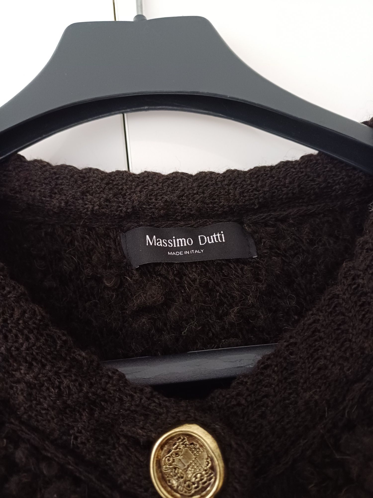 Massimo Dutti kardigan wełna alpaka brązowy sweter boucle złote guziki