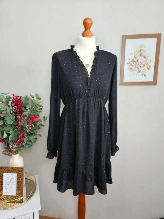 Sukienka damska czarna srebrne kropki święta sylwester Apricot M 38