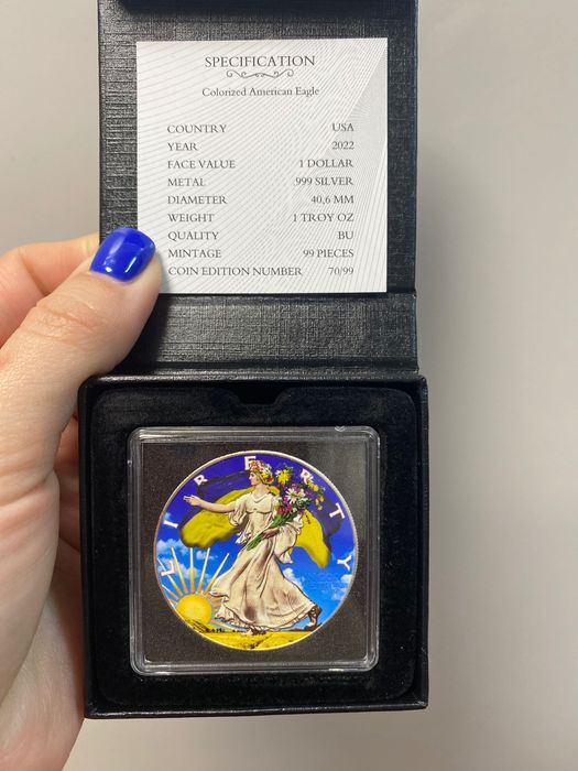 Серебряная монета 1$ США 2022, с украинской символикой.