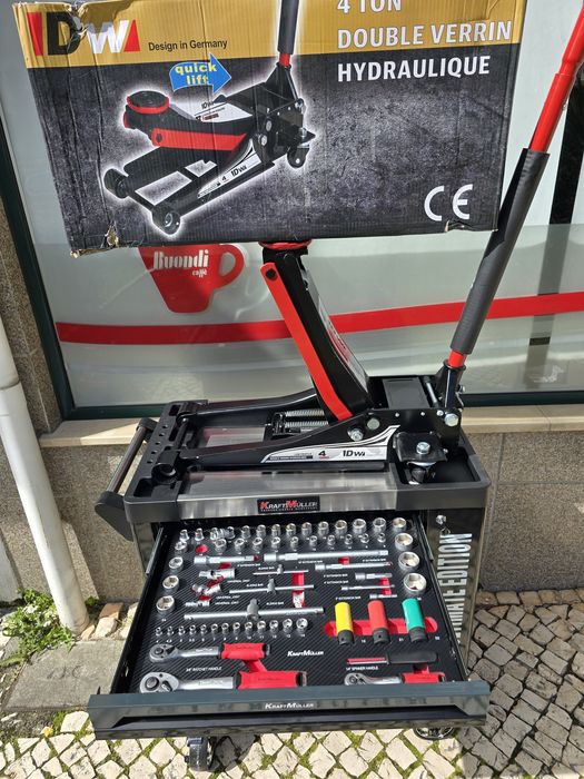 Conjunto de carrinho de ferramentas 6 gavetas e macaco e preguiças