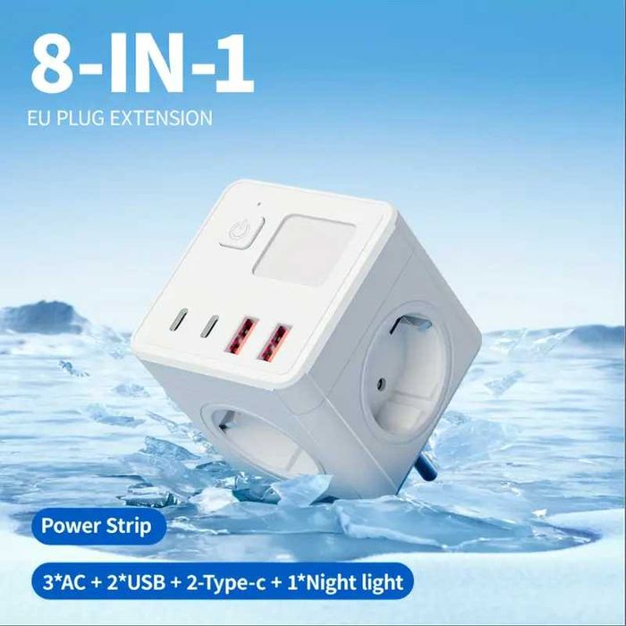 Розетка-куб мережевий розгалужувач 4 USB PD LED-нічник 3 розетки 2500W