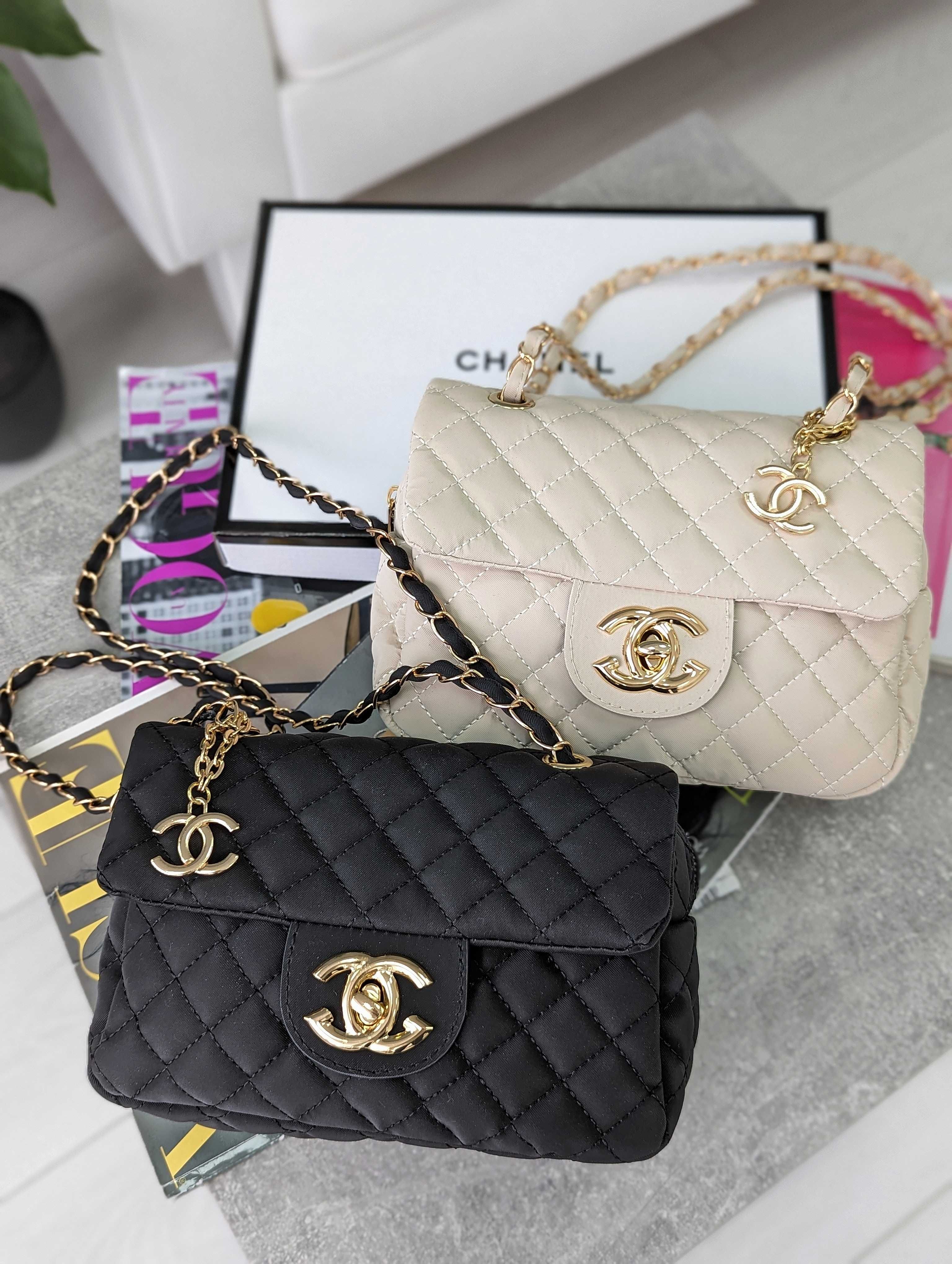 Женская сумка Шанель мягкая нейлон Chanel  черная , молочная