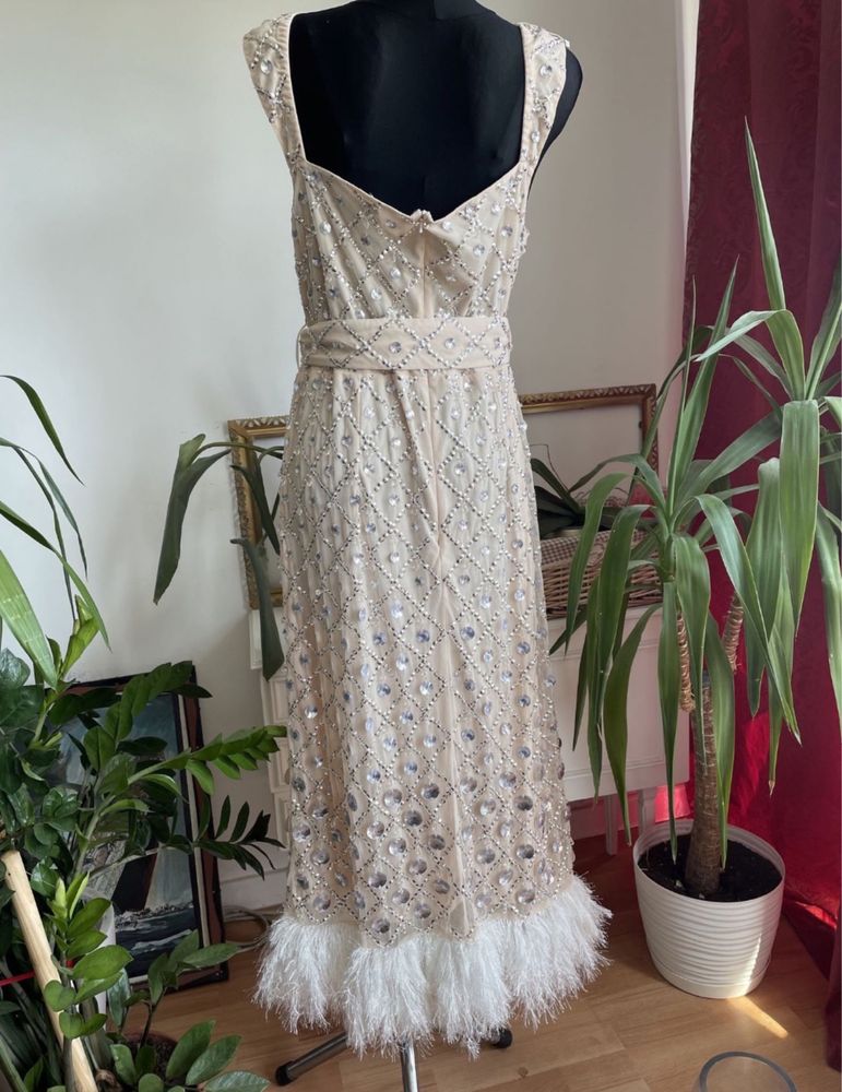 Asos luxe cekinowa sukienka midi midaxi pióra 44 xxl  46 3 xl zdobiona