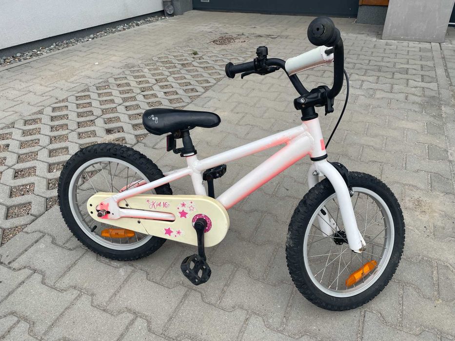 Różowo-biały rower 16'' + kółka wspomagające + nóżka, M-Bike Kid 16''