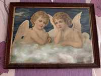 Obraz dwa aniołki drewniana rama PRL