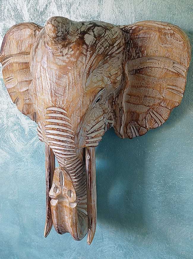 Rzeźba Maska Głowa SŁOŃ z Drewna Litego - Rękodzieło 50x42cm