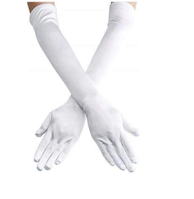 długie, białe, satynowe rękawiczki wieczorowe