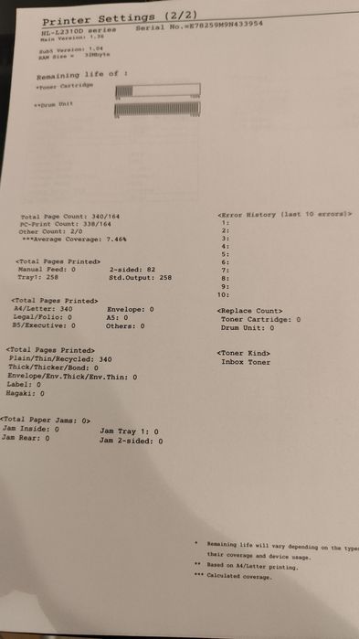 BROTHER HL-L2312D  druk dwustronny+4 x nowe tonery po 3000str