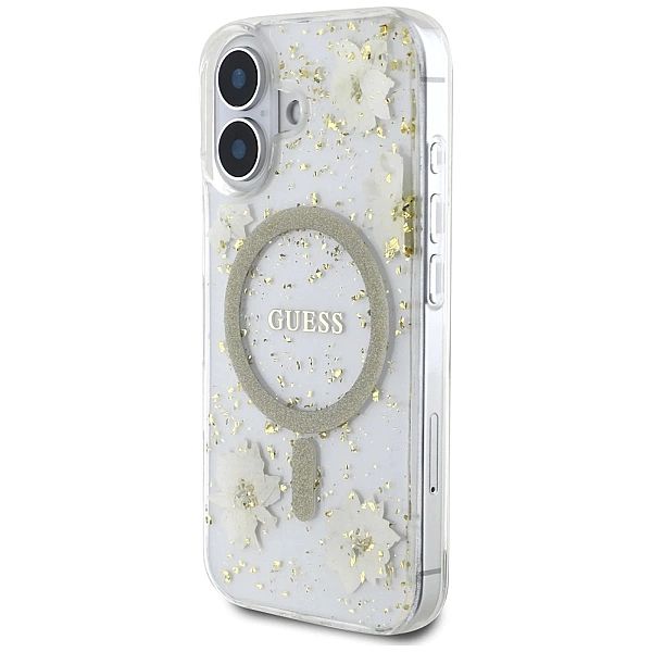 Etui Guess Resin Flowers Glitter MagSafe na iPhone 16 - beżowe