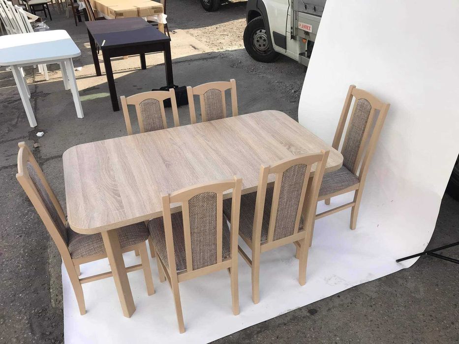Nowe: Stół rozkładany + 6 krzeseł ,OD RĘKI , sonoma + cappuccino