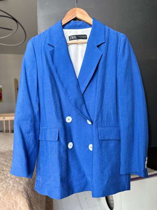 Льняний синій піджак Zara, XS, жакет, електрик