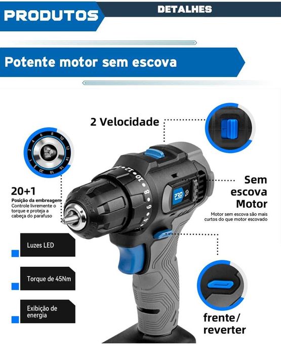 Potente Aparafusadora Prostormer 45nm torque 2 velocidades LED