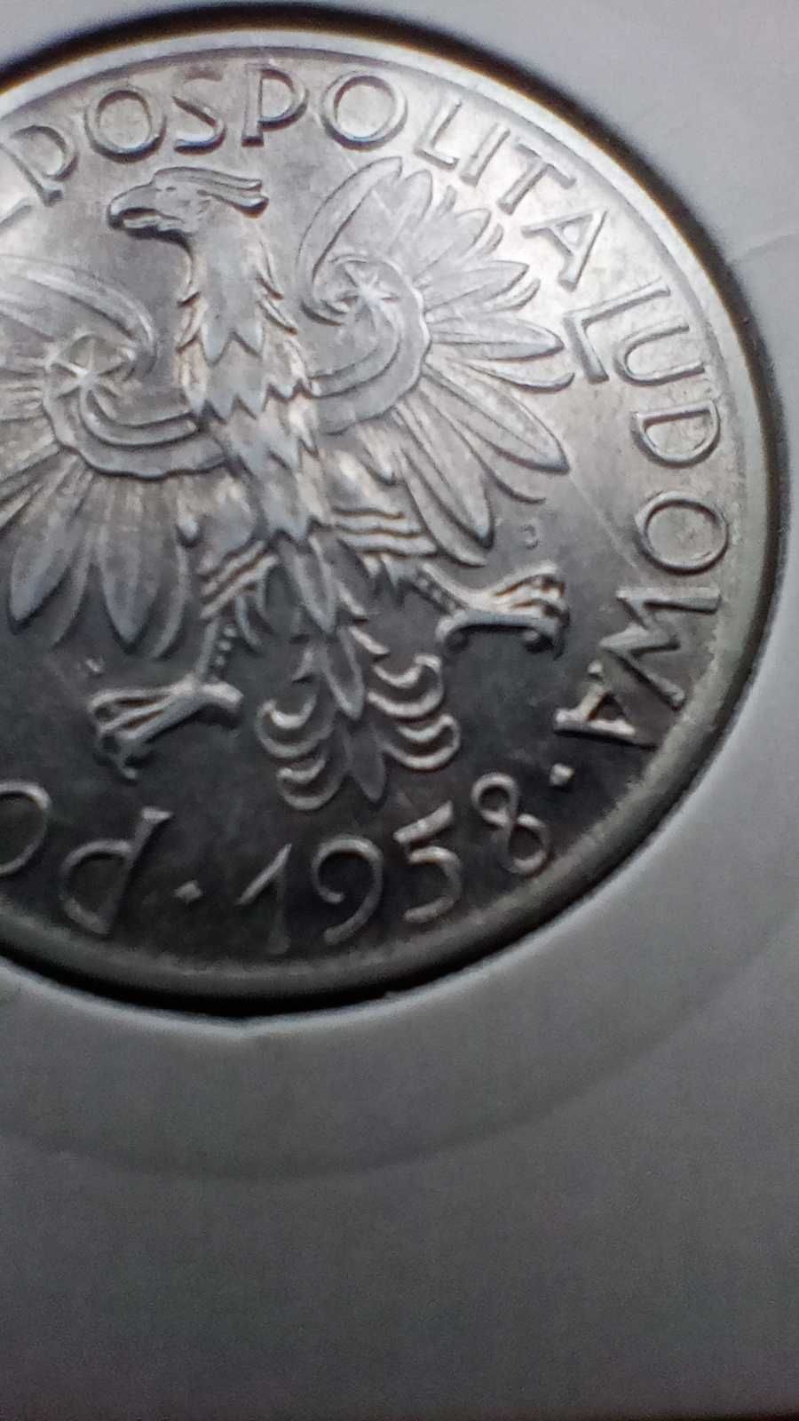 Stare monety 5 złotych 1958 Rybak skrętka Słoneczko PRL piękna