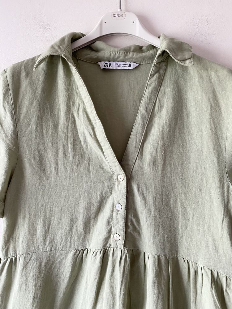 Zara lniana sukienka khaki falbany boho