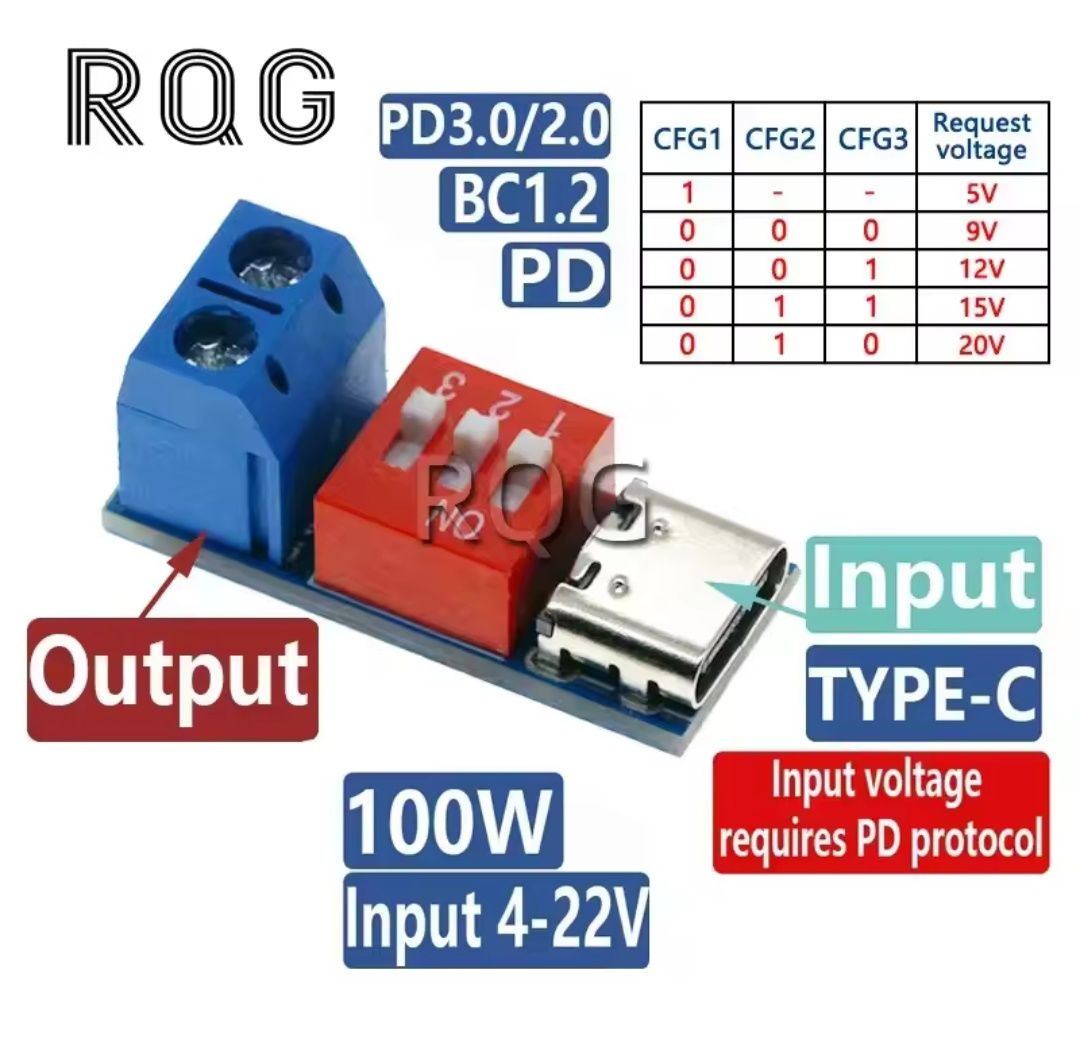 Триггер 100w PD QC тригер Usb Type C на колодку DC 5v -22V 5А до 140w