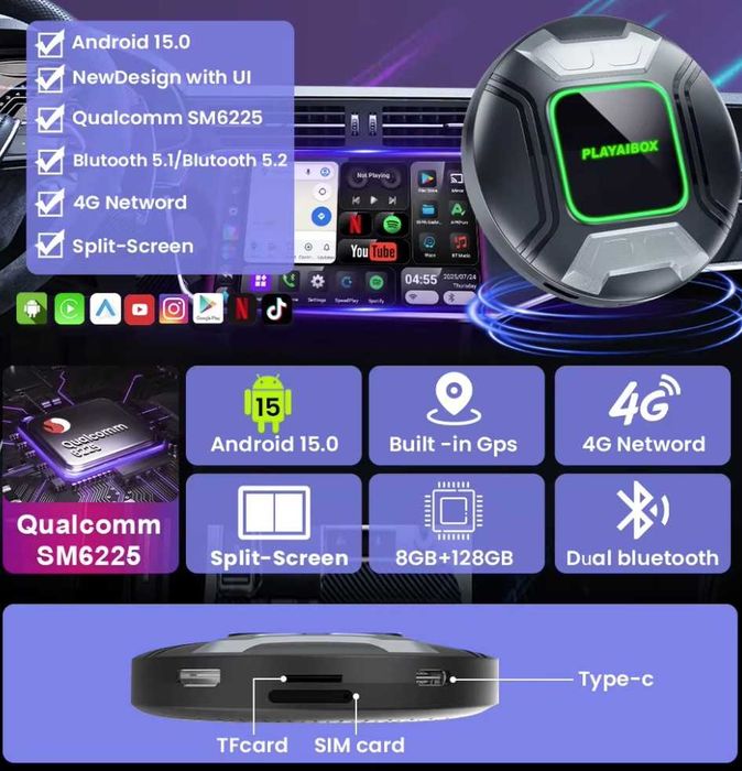 AI Box Carplay Android Auto QM6225 8GB+128GB