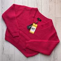 Różowy sweter z dekoltem w serek fuksja OCHNIK XS