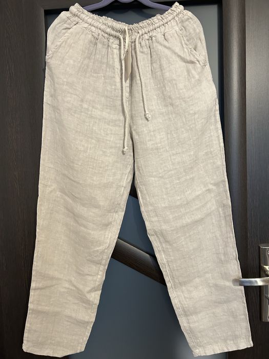 Spodnie lniane Gioya kolor beż rozmiar uniwersalny