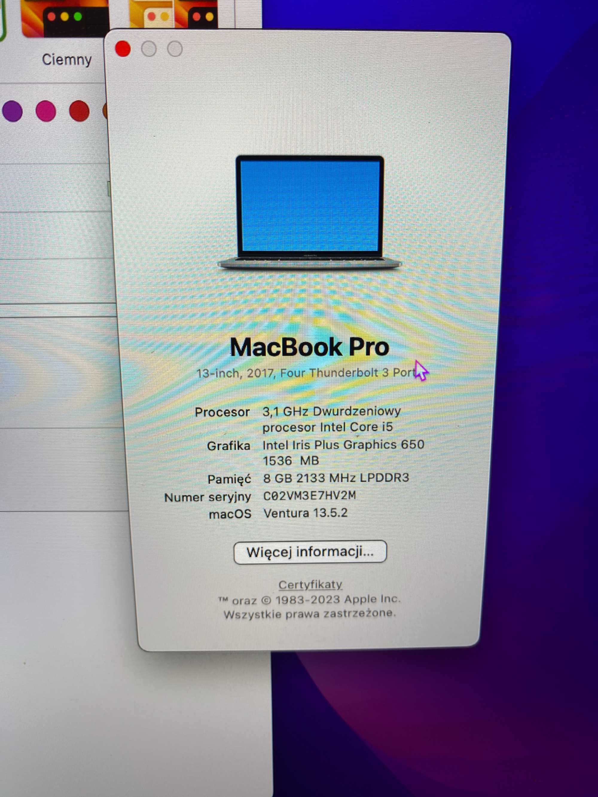 Laptop Macbook Pro 13 2017 A1706 13,3 " i5 8 GB / 512 GB srebrny
