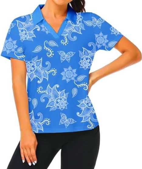 Koszulka damska polo t-shirt golfowa dekolt V niebieska r.XL