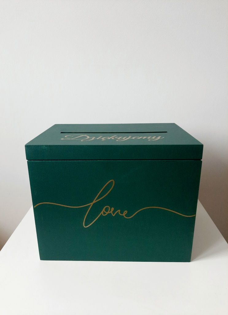 Butelkowa zieleń złoty napis pudełko na koperty skrzynka na koperty