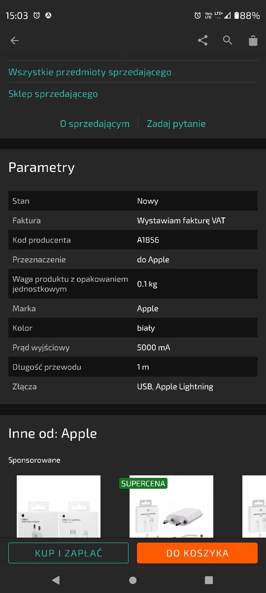 Kabel Iphone Lightning 1M 8 Se X 11 12. 20 zł .