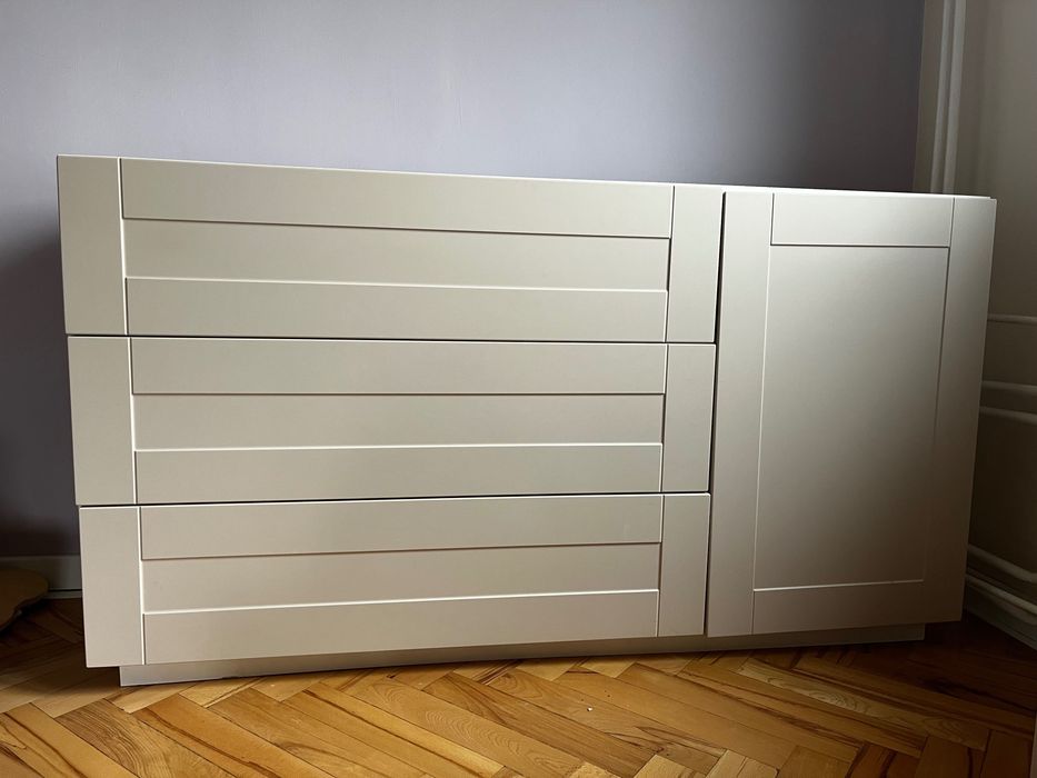 Zestaw mebli do salonu, biało-kremowe, komoda, witryna, szafka RTV