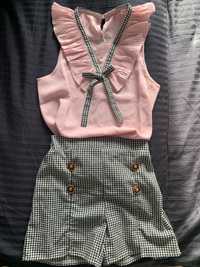komplet  pastelowej różowej bluzki i kraciastych spodenek 6-8 lat