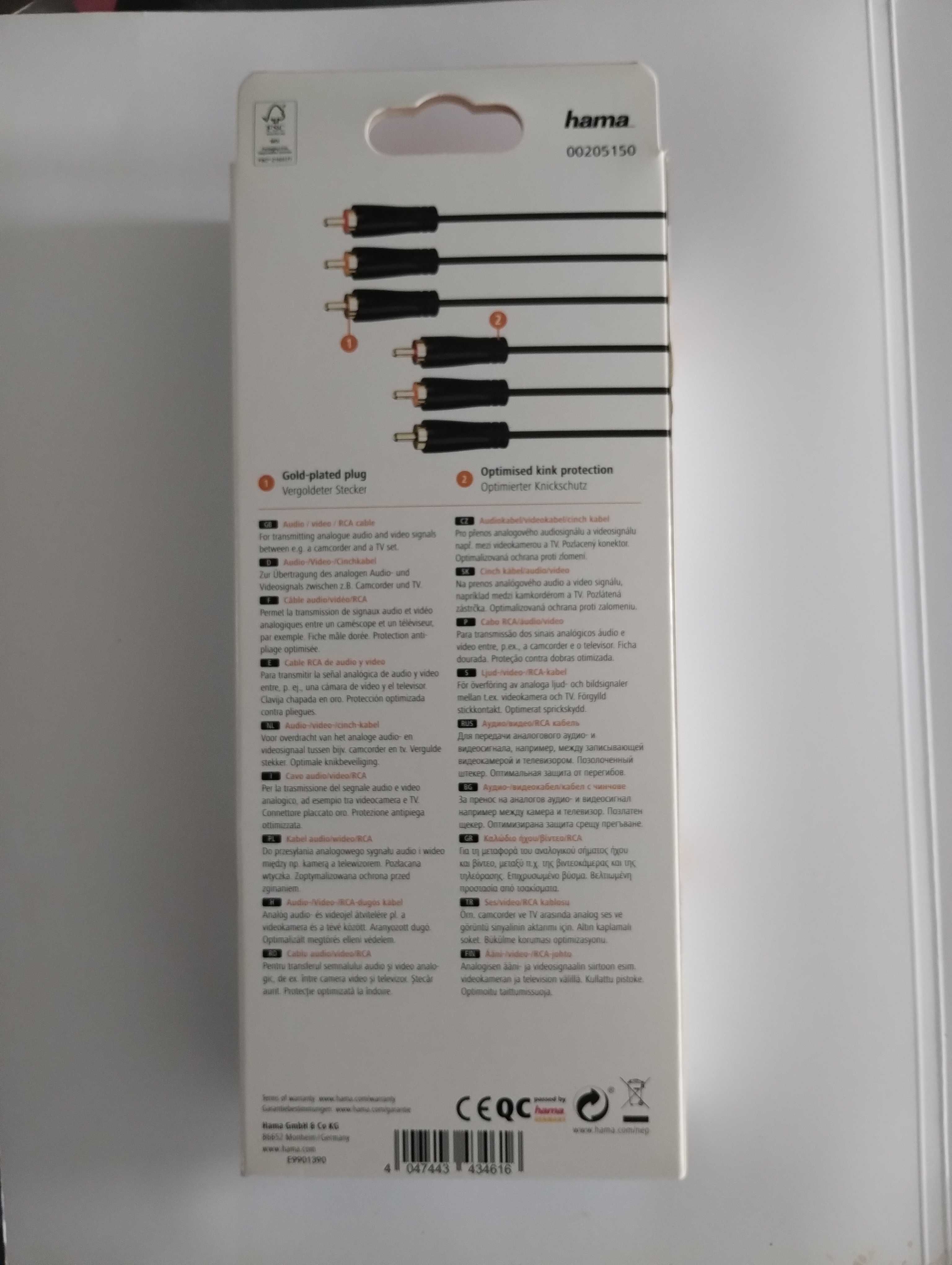 Kabel Przewód Cinch RCA 3 cinch - 3 cinch Pozłacany 1.5 m HAMA