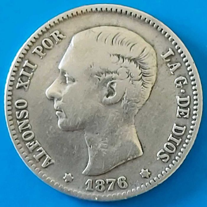 Una Peseta de 1876, Rei Afonso XII, Espanha, Prata