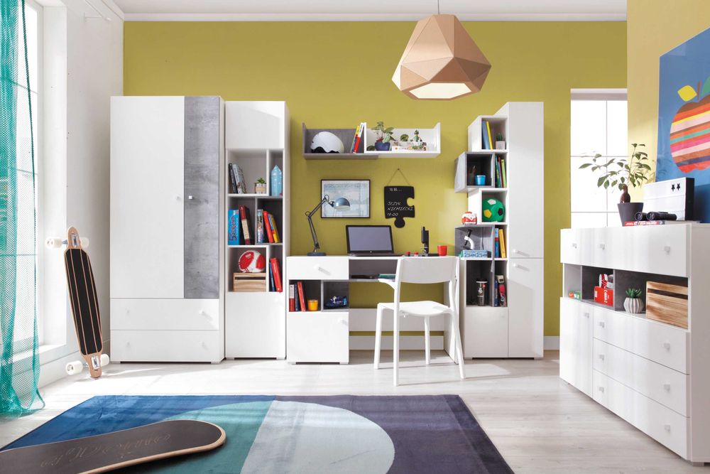 Zestaw Mebli młodzieżowych Biel beton Szafa + komoda duża szuflady