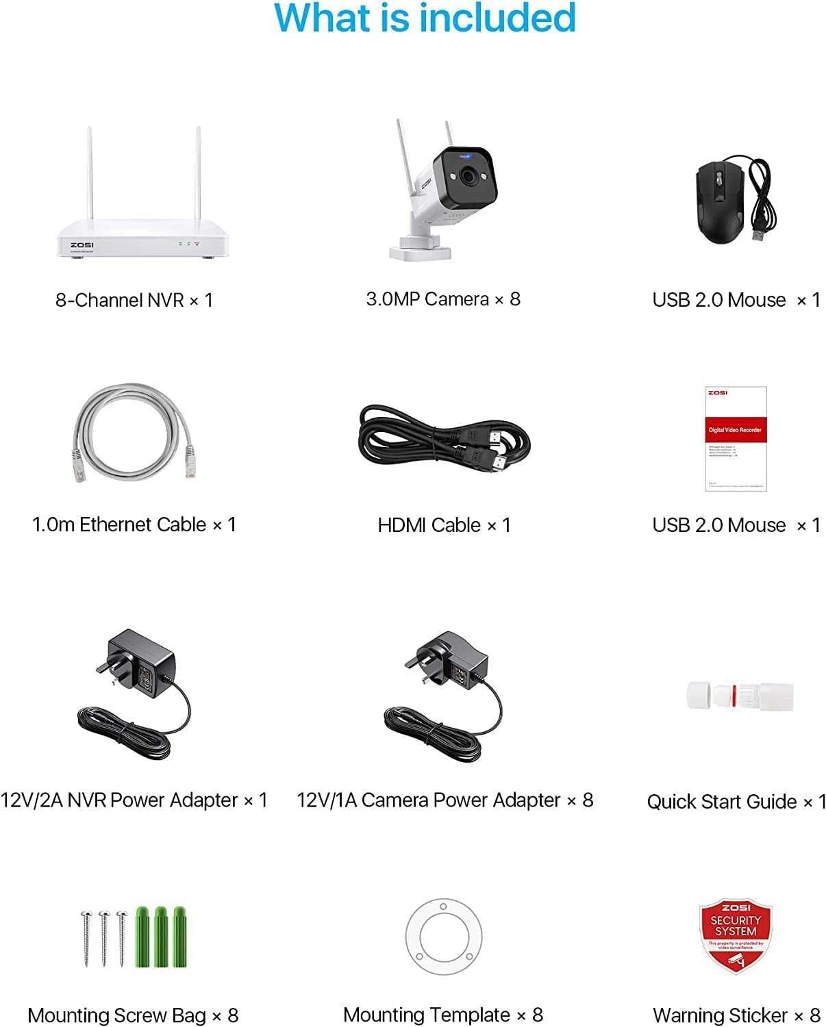 Kit CCTV câmaras vigilância 8 câmaras Wi-Fi 2K 8CH com NVR + disco