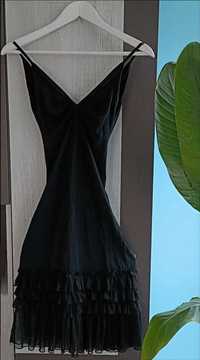 Czarna obcisła sukienka na ramiączka z falbanami, Ablisk, S