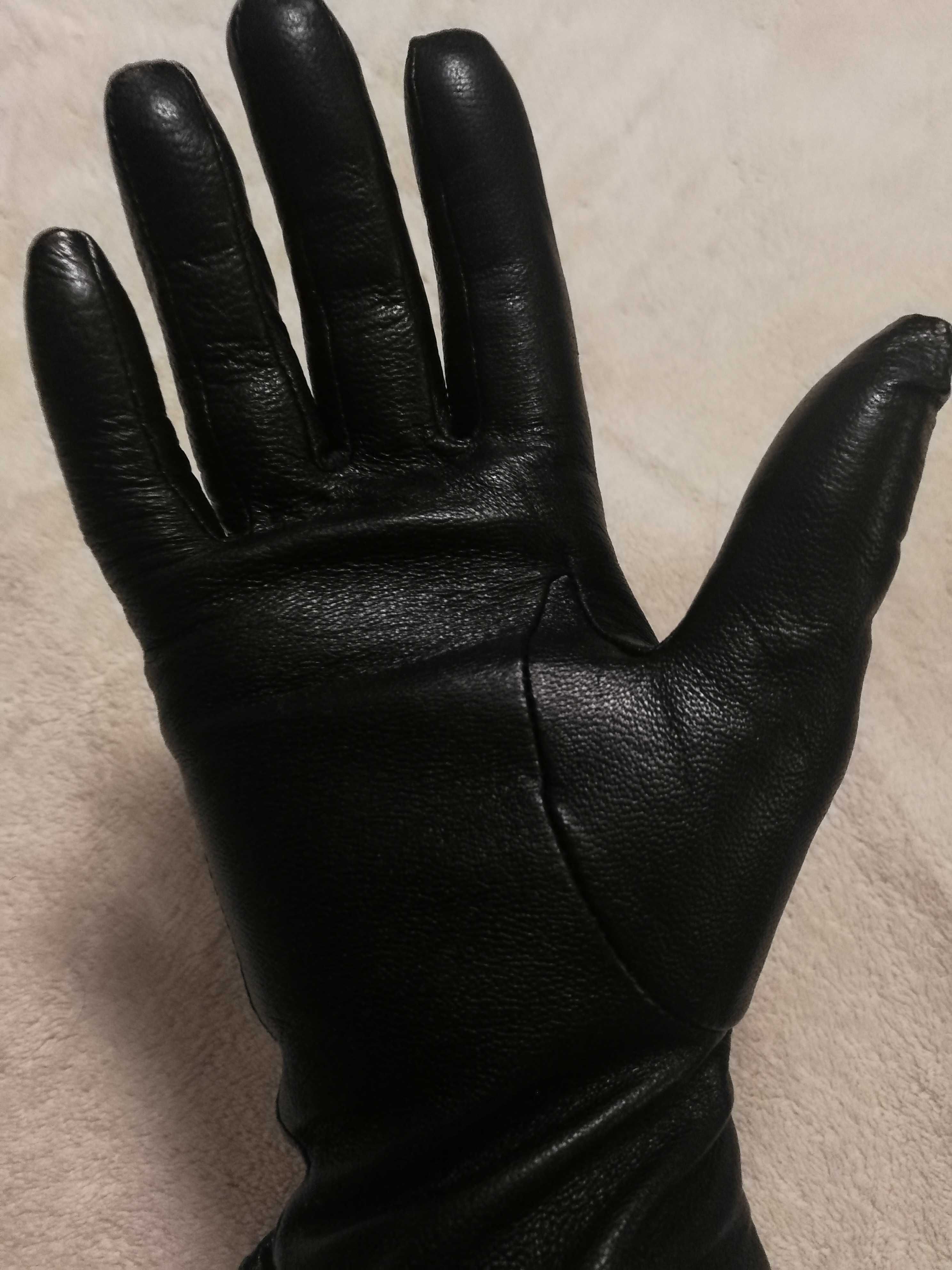 Rękawiczki damskie, czarne, skórzane, rozm. 7, S