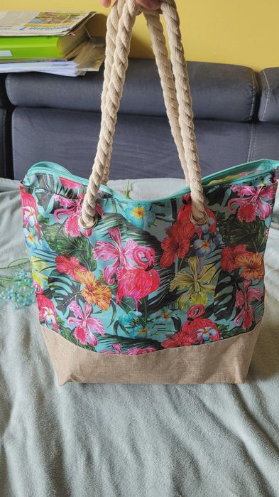 Torba plażowa kolorowa z nadrukiem w flamingi  print w kwiaty na lato