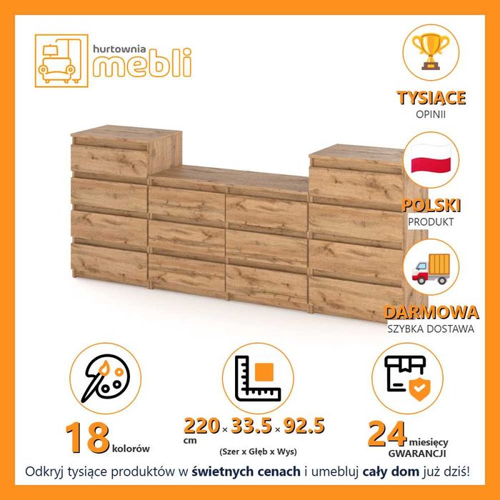 Komoda Duża Do Salonu 14 Szuflad Hugo 220cm Szafka Pojemna Drewniana
