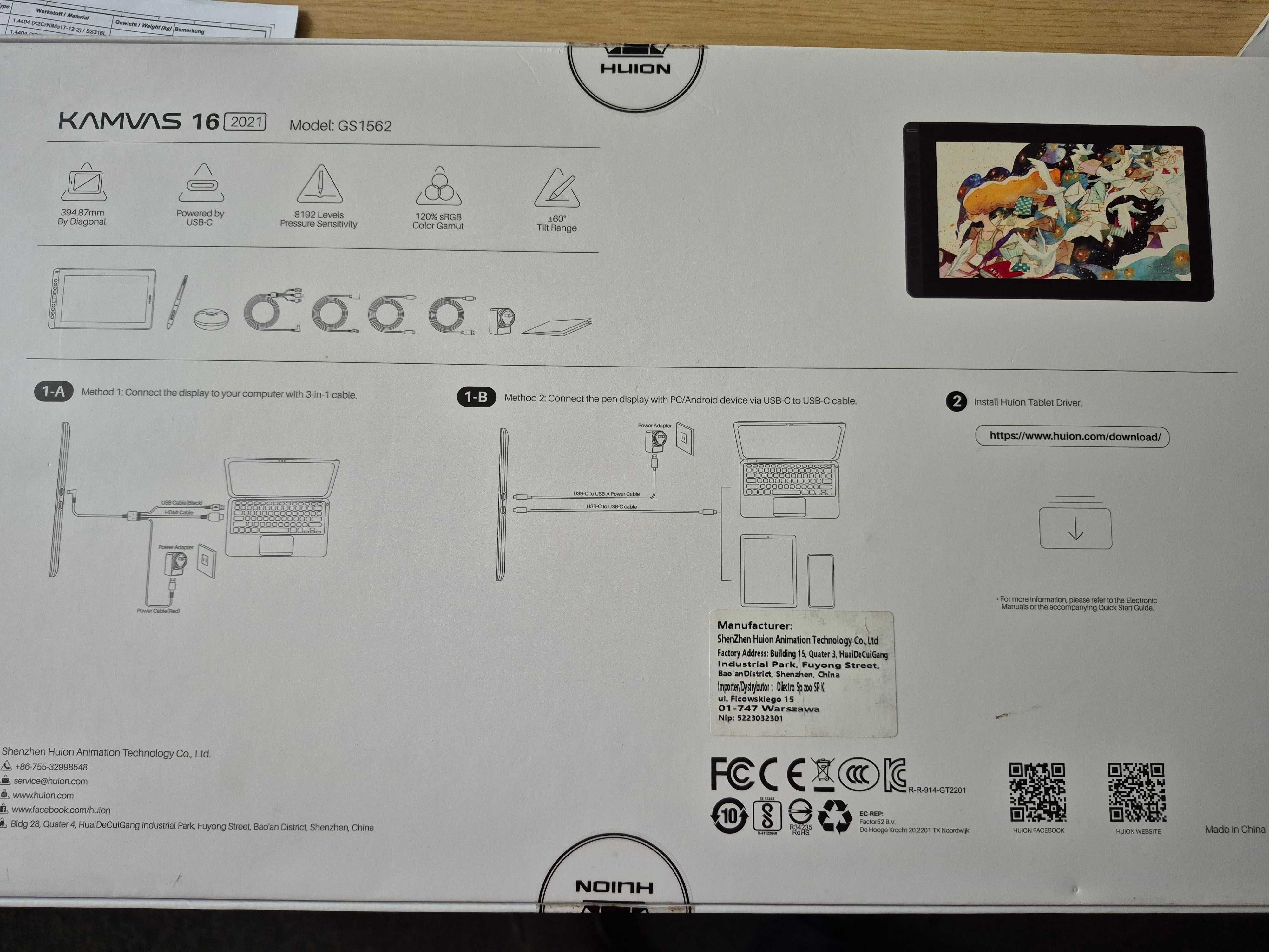 Tablet graficzny LCD Huion Kamvas 16 2021 FHD IPS 5080lpi 15,6" Czarny