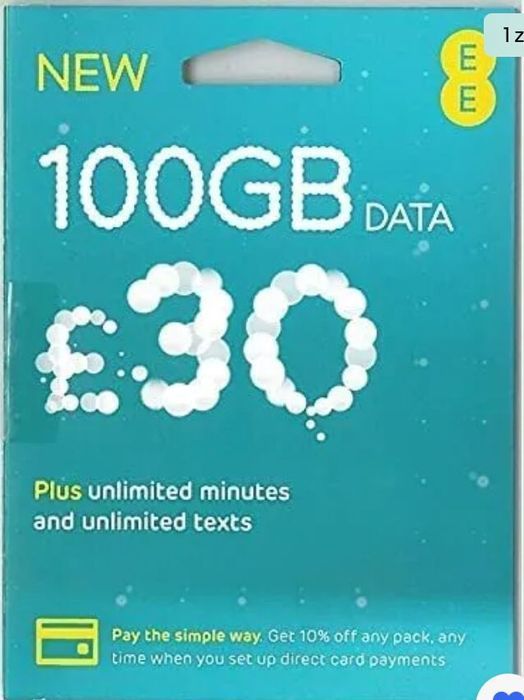 EE UK +44 Starter England SIM Card Prepaid + 4.65 GBP UK 100 GB