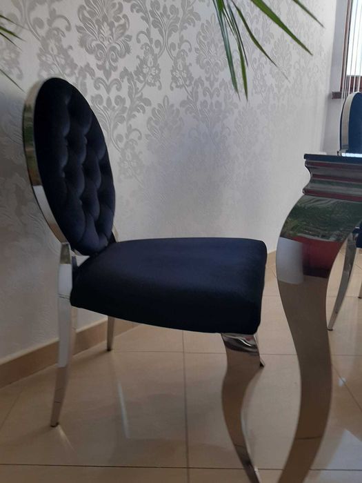 Stół + 4 Krzesła Glamour szkło stal metal czarne stal lustro srebrne