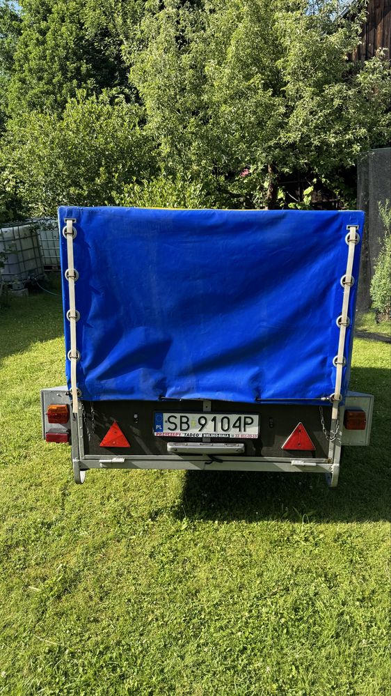 Przyczepa lekka Niewiadów 560 DMC z hamulcem najazdowym i plandeką.