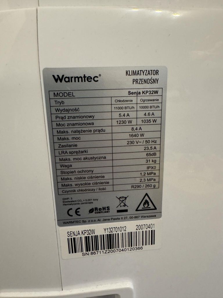 Klimatyzator przenośny Warmtec SENJA KP32W 3,2kV z WiFi