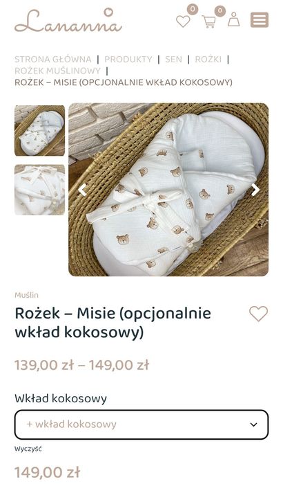 Rożek niemowlęcy NOWY, becik usztywniany Lananna muślinowy